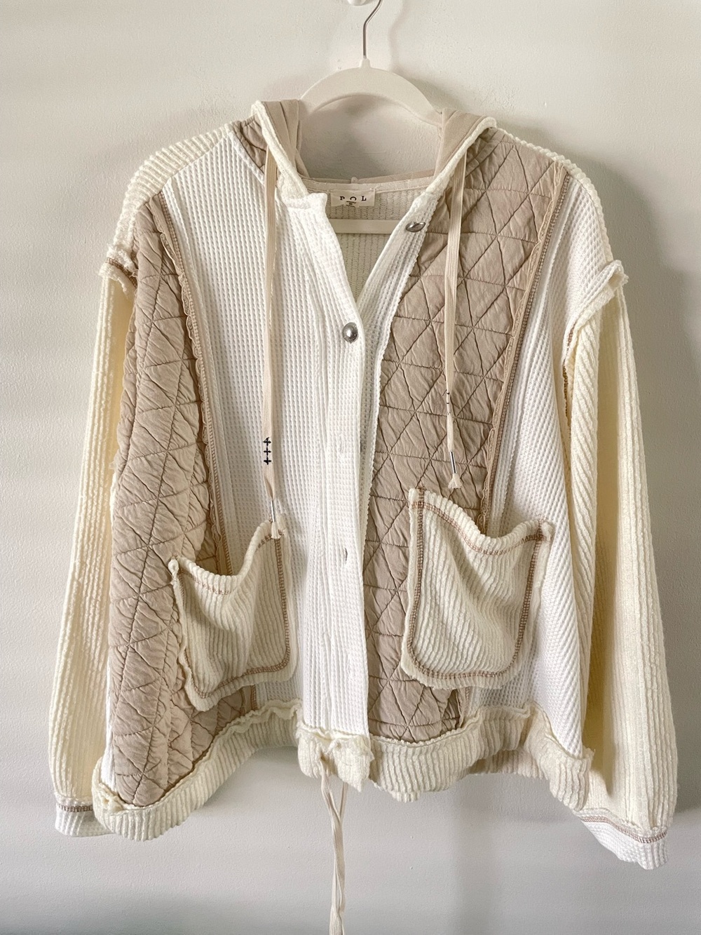 POL Quilted Waffle Knit Hooded Jacket Sz L Cream Tan Boxy Slouchy Granola Boho - Picture 2 of 9